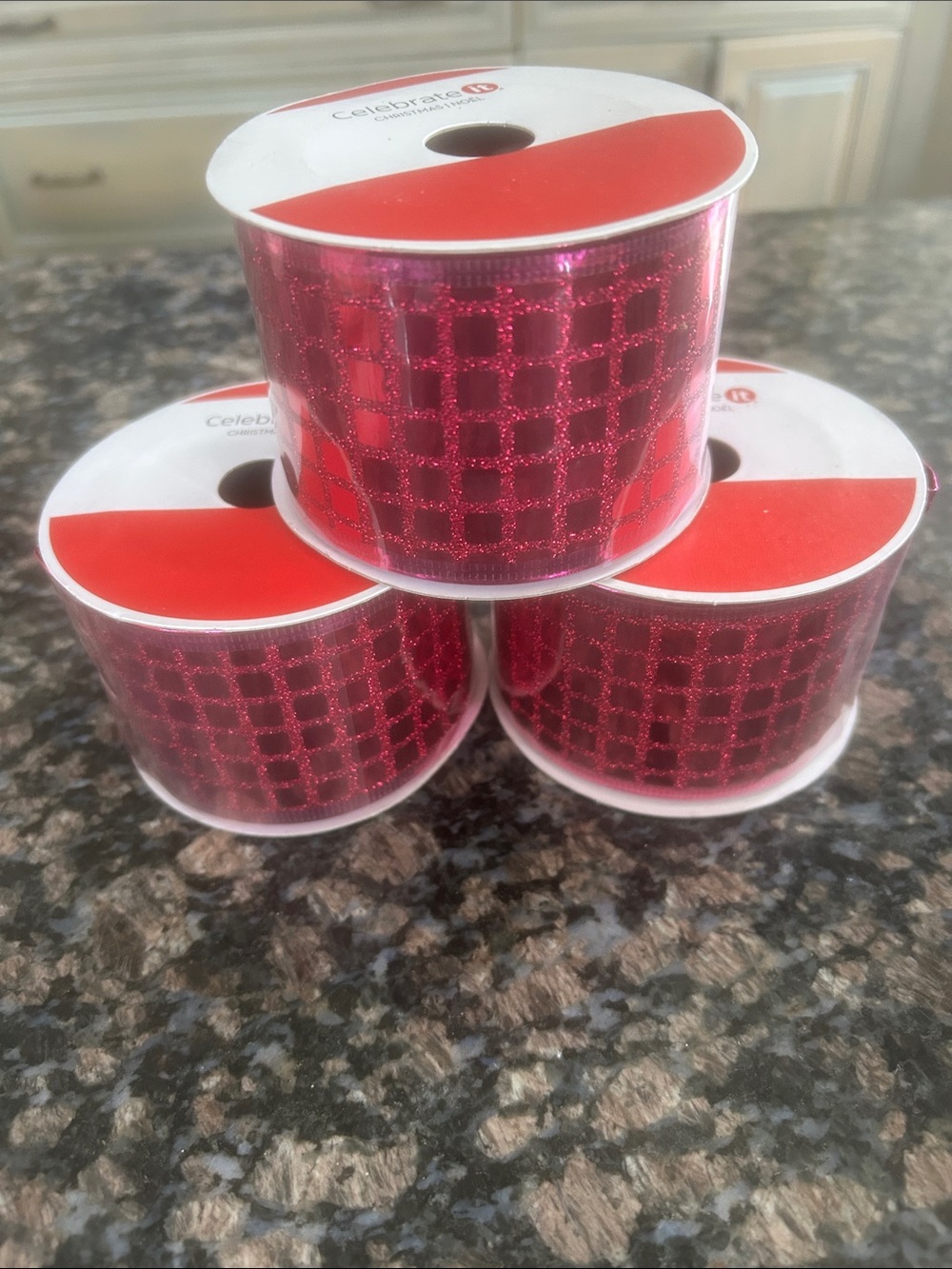 CELEBRATE IT HOT PINK DISCO METALLIC WIRED RIBBON 2.5x18 FT LOT OF 3 NWT